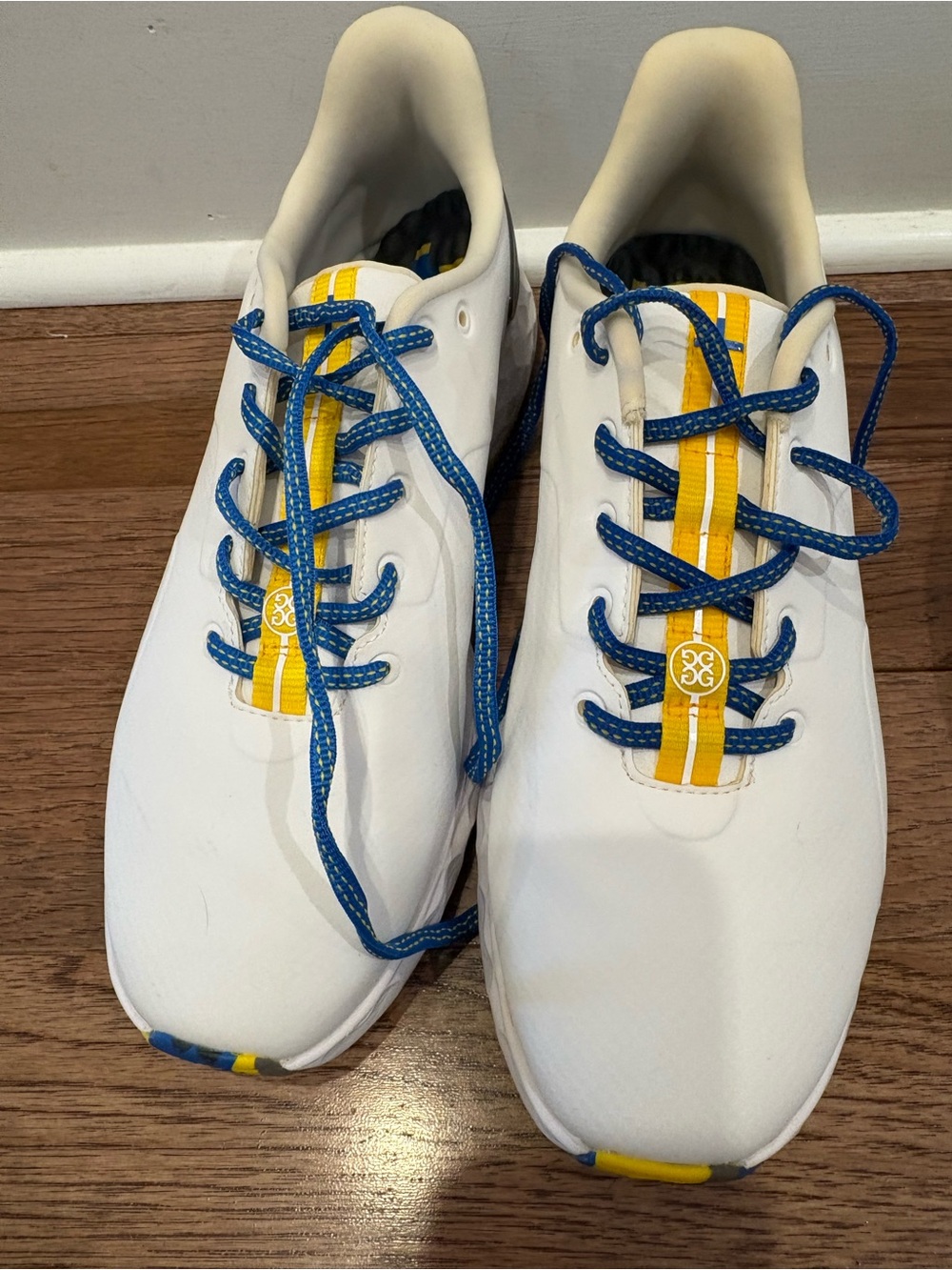 G/FORE White Sneakers with Blue Laces and Yellow Outsole Accents - Picture 5 of 5